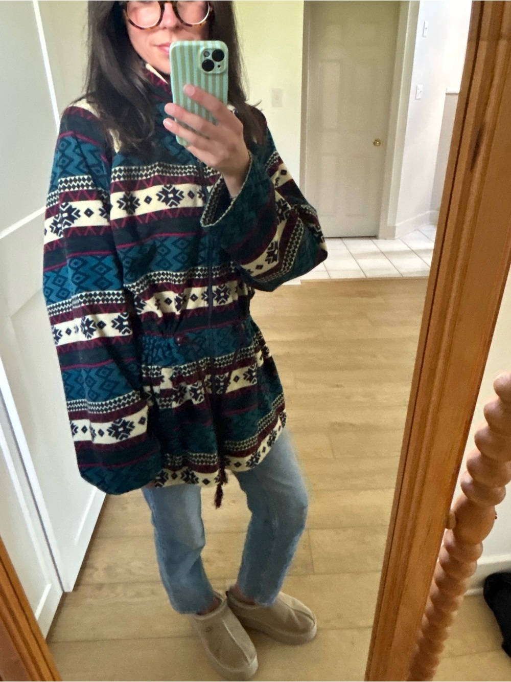 Cozy Patterned Pullover Sweater Jacket in Teal and Cream